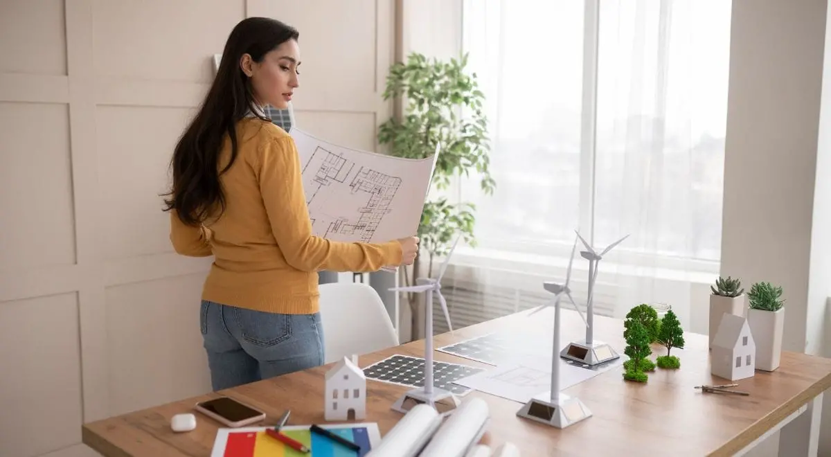 Chica revisa planos de eficiencia energética