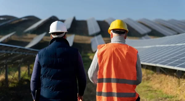 Ingenieros recorriendo un proyecto solar a gran escala