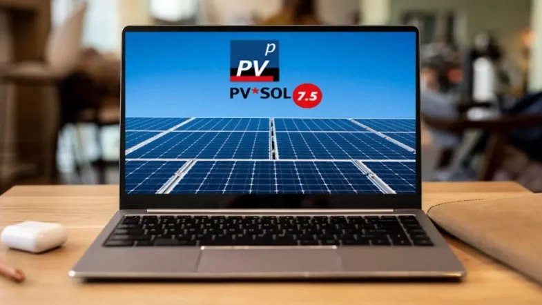 Vista frontal de ordenador con logo de pvsol